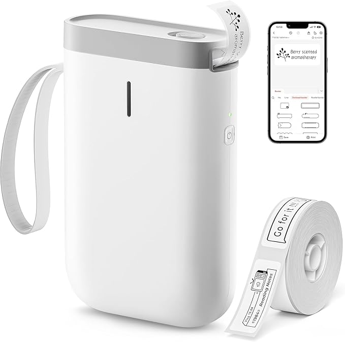 DEEPIN Label Maker Machine Portable Bluetooth Label Maker with Tape, Thermal Label Printer Multiple Templates for Phone, Mini Label Sticker Printer for Business Office Organization (White)
