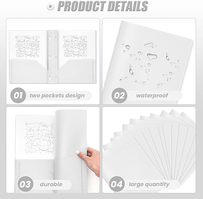 Lincia 100 Pcs Plastic Folders with Pockets and Prong Folders with Prongs 2 Pockets for Office, School for Students, Teachers, Office Workers(White)