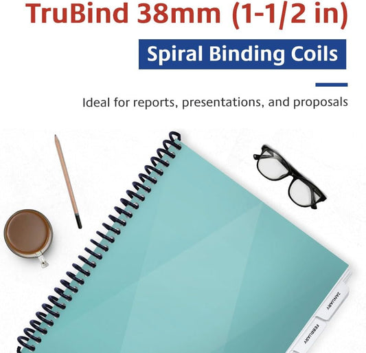 TruBind 38mm (1-1/2 in.) Spiral Binding Coils for Reports, Presentations and Proposals | 4:1 Pitch | 12 in. Length | Black | 330 Sheets Binding Capacity | 50 Pack