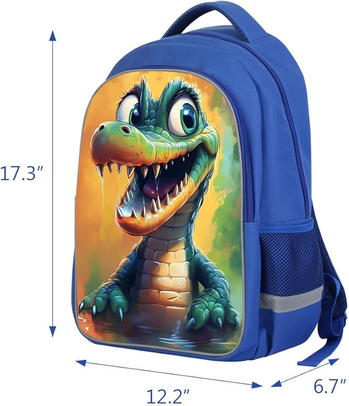 Kids Backpack, 3D Reflective Cartoon, 600D Polyester & Dual Zippers, 17" Bookbag with Ergonomic Design for boys & girls age 6-18, Crocodile Space Style for school Children Kids