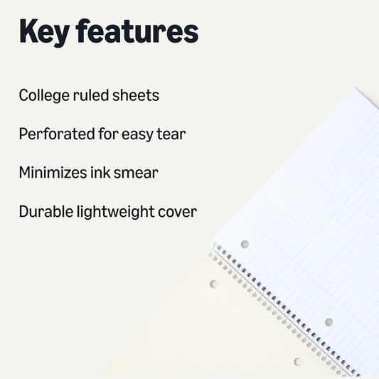 Amazon Basics College Ruled Spiral Notebook, 70 Sheets, 10.5" x 8", 5 pack, Assorted Pastel Solid Colors