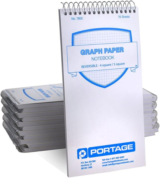 Portage Graph Paper Notebook – Top Bound Spiral Grid Notepad, Small Graph Notebook Writing Pad, Reversible with Notes Template, Thick Cover For Stability – 4 x 8 In, 70 Sheets, 12 Pack
