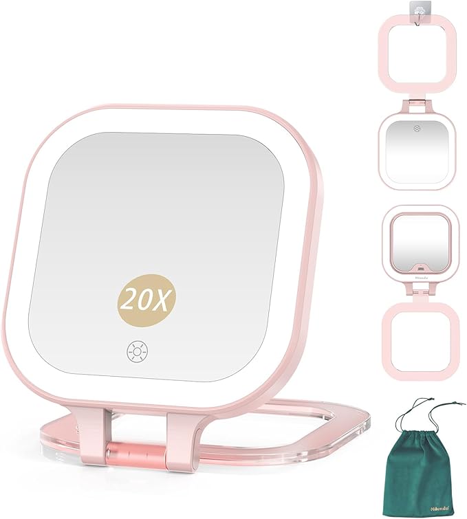 Mocado Compact Travel Makeup Mirror, 1X/20X Magnifying Mirror with Light, Double Sides Compact Mirror with 3 Color Light, Dimmable Handheld Mirror, Rechargeable Travel for Purse,Pocket(Pink)