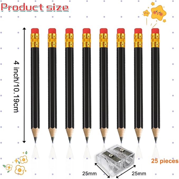 Adhere 50pcs Golf Pencils with Eraser Hexagon Wooden half Pencils Graphite 2B for Golf Event Scoring, Classroom, Wedding, Pew, Pocket | Free Pencil Sharpener (z-Black・Hexagon・50pcs)