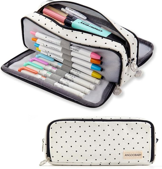 ANGOOBABY Large Pencil Case Big Capacity 3 Compartments Canvas Pencil Pouch for Teen Boys Girls School Students (Black Dot)