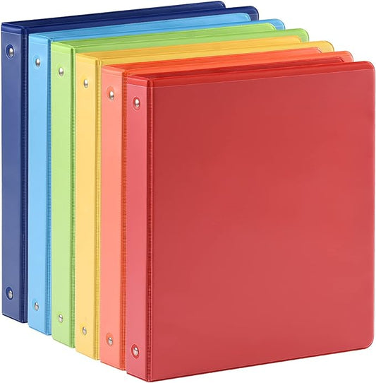 1-inch 3 Ring Binder with 2 Interior Pockets, 1'' Basic Binders Holds US Letter Size 8.5'' x 11'' Paper - Versatile Binders for Office, Home, and School Use, 6 Pack (6-Color Assorted)
