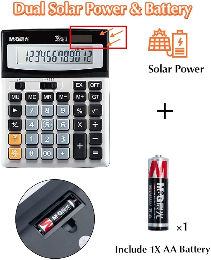 M&G Desk Calculator 12 Digit Extra Large LCD Display Calculator, Dual Solar Power and Battery, Battery Included, Metal Panel Comfort Button Calculator for Office Home School