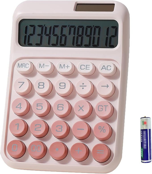 Desk Calculator, Cute 12 Digits Large LCD Display Merchanical Calculator Big Buttons for School,Office,Home,Business, Solar and Battery Dual Power, Battery Include (Pink)