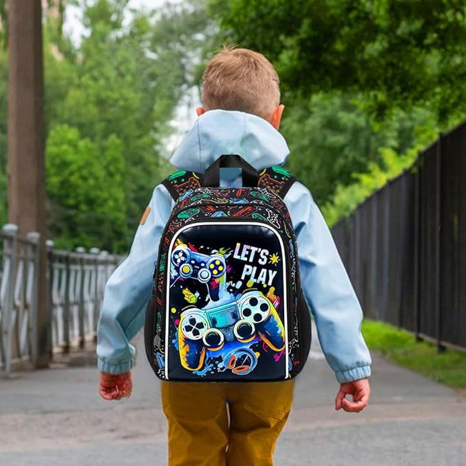 KLFVB Boys Toddler Game Backpack, Water Resistant Kindergarten Bookbag, 13" Preschool Backpacks for Toddler - Game Black