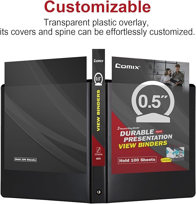 COMIX Sturdy 3 Ring Binder 0.5 inch with Clear View Cover, 1/2" Round Ring View Binder, PVC-Free, 100 Sheets Capacity of US Letter Size Paper, Office ＆ School Supplies, Pack of 12 (Black)