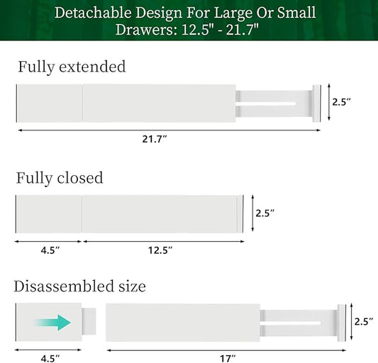 FJO 4 Pack Adjustable Bamboo Drawer Dividers - 12.5" - 21.7" Expandable Drawer Separators for Kitchen, Utensils, Clothes, Bedroom, Dresser, Bathroom (White)