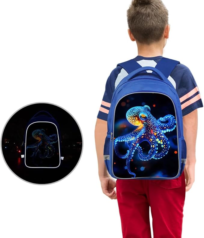 Kids Backpack, 3D Reflective Cartoon, 600D Polyester & Dual Zippers, 17" Bookbag with Ergonomic Design for boys & girls age 6-18, Octopus Space Style for school Children Kids