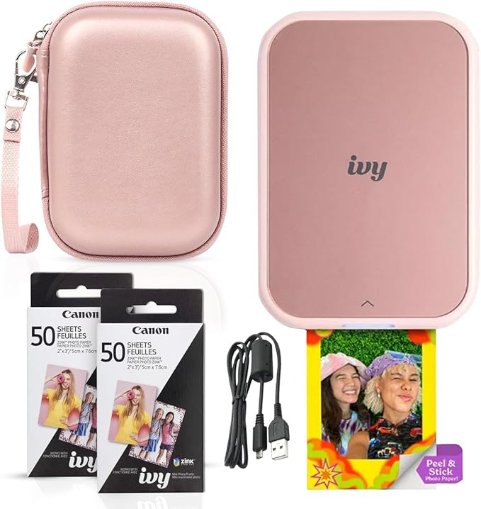 Canon Ivy 2 Mini Photo Printer (Blush Pink) - Bluetooth, Print from iOS & Android Devices, Bundle Incl. 110 Zink Sticky-Back Prints, LED Light Bar, Protective Case, and USB Cable