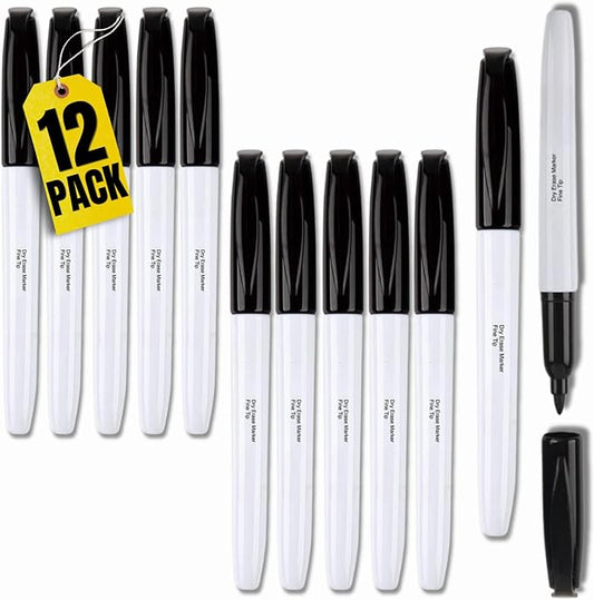 1InTheOffice Black Dry Erase Markers, Dry Erase Marker, Whiteboard Markers, Bullet Tip, 12 Pack