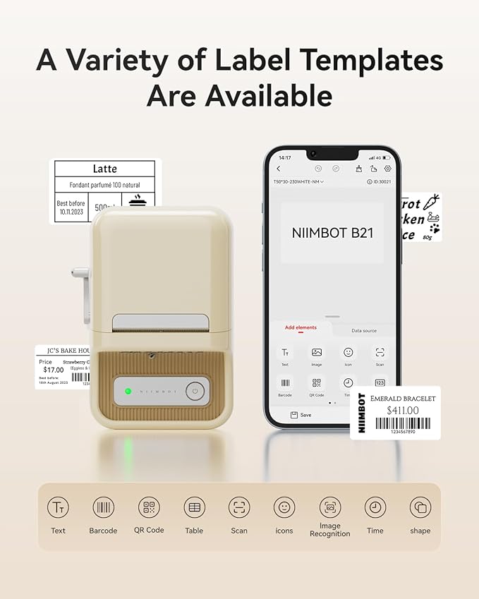 NIIMBOT B21 Label Maker, 2 Inch Portable Thermal Label Printer, Label Maker Machine with Tape, Compatible with Android, iOS & PC,Labeling for Home Storage Office and Small Business,Off-White