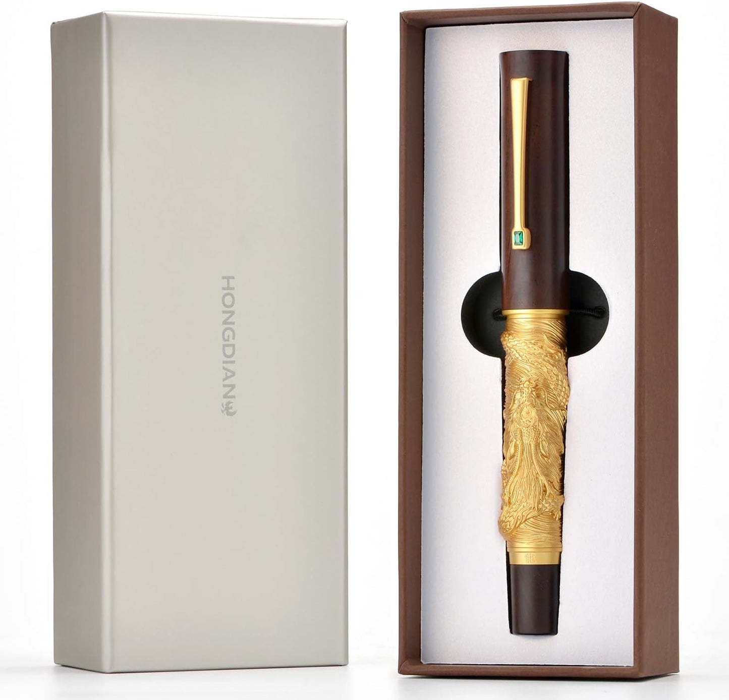 Hongdian N24 Fountain Pen Extra Fine Nib, Golden Dragon Stereoscopic Carving with Red Wood Design