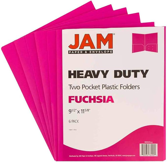 JAM PAPER Heavy Duty Plastic 2 Pocket Extra Tough School Folders - Fuchsia Hot Pink - 6/Pack