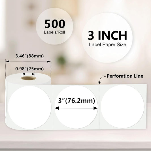 3 X 3 Inch Color Coding Dot Labels Circle Thermal Printable Waterproof 500 Pcs Round Stickers Adhesive Writable for Office, Home, Garage, DIY Sticker, Barcodes, Name Tag, White