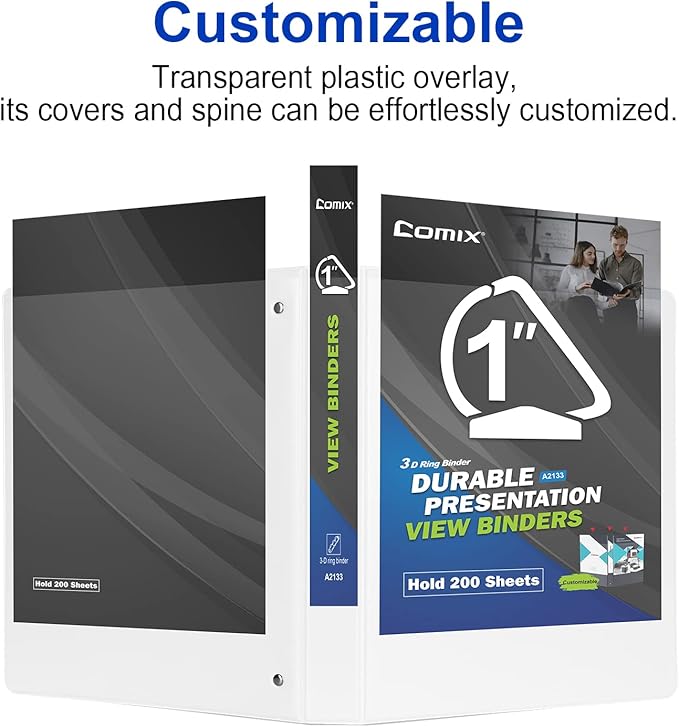 Comix D-Ring Basic View Binder 1 inch 3 Ring Binders, Hold 225 Sheets of 8.5" x 11" Paper, 12 Pack (White)