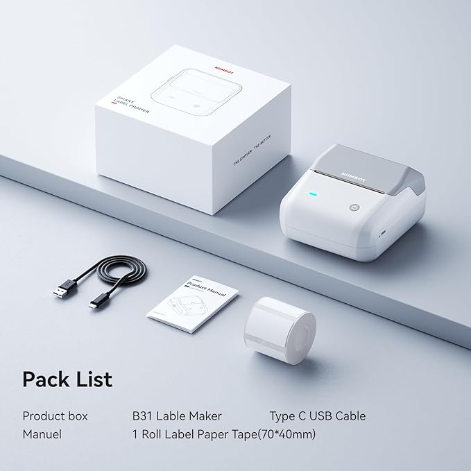 NIIMBOT B31 Label Maker Machine with Tape, 3 Inch Portable Label Printer for Barcode, Address, Logo, Tag Labeling, Thermal Sticker Maker Compatible with Smartphones & PC, Grey White