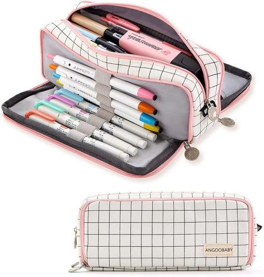 ANGOOBABY Large Pencil Case Big Capacity 3 Compartments Canvas Pencil Pouch for Teen Boys Girls School Students (Pink Strip Black Grid)
