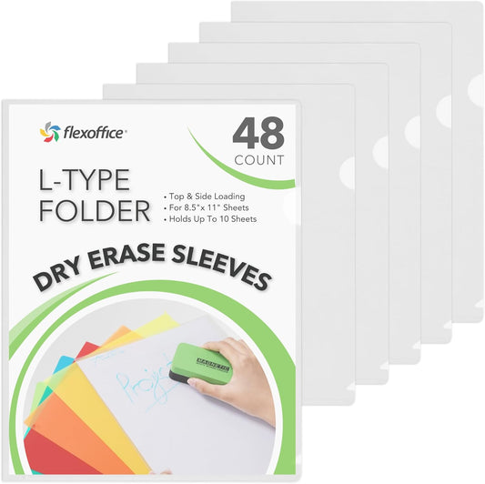 Letter Size Plastic Folders Sleeves - 48 Pack, Clear Transparent Page Protectors, Heavyweight - FLEXOFFICE - for Paper 8.5x11 inch, Project Pockets Poly Sleeve Folders with L-Type Designed, Acid-Free