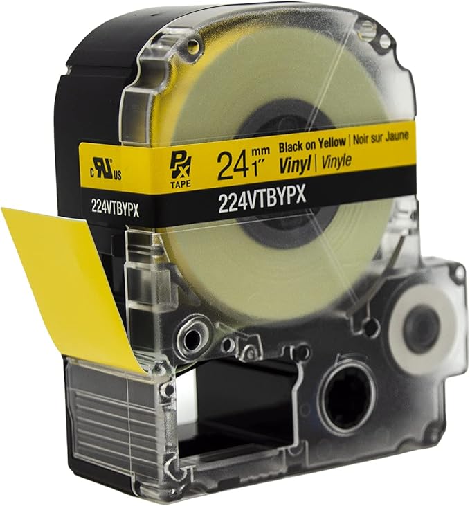 Epson LABELWORKS 224VTBYPX Genuine Tape Cartridge - Black on Yellow Flexible and Durable Vinyl Industrial Label Maker Tape - 1" (24MM) Wide, 22.9 ft