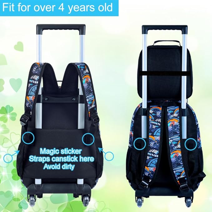 3Pcs Truck Rolling Backpack for Boys, Kids School Backpacks with Wheels, Roller Bookbag with Lunch Box for Elementary Preschool(Black)