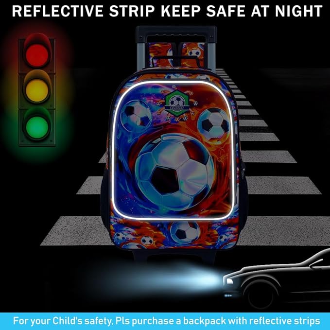 3Pcs Soccer Rolling Backpack for Boys, Kids School Backpacks with Wheels, Roller Bookbag with Lunch Box for Elementary Preschool(Ice and Fire)