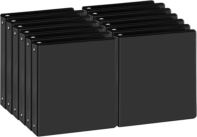 1 inch 3-Ring Binder, 1" Round Ring Binder with 2 Inside Pockets, Bulk Basic Binders, Clear View Cover 1-inch Binders Holds 8.5'' x 11''Paper for Office/Home/Back to School（Pack of 12, Black