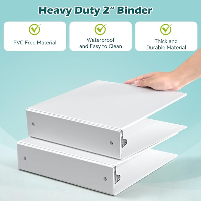 3 Ring Binder 2 Inch 6 Pack,2" Clear View with Round Rings, PVC-Free,Holds for 450 Sheets 8.5X 11 US Letter Size Paper, Durable White Binders Perfect for Office,School and Home