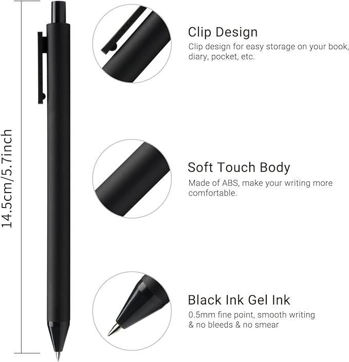 Kaco Gel Pens, 0.5 mm Fine Point, Black Ink 10 Count, Quick Dry Smooth Writing, Aesthetic Office Supplies Refillable Retractable