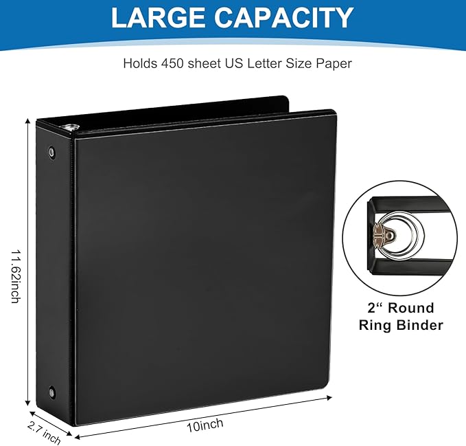 2 Inch 3-Ring Binder, 2" Round Ring Binder with 2 Inside Pockets, 6 Pack Black Binders, Clear View Cover, Holds Up to 450 Sheets 8.5" x 11" Paper，Study Binders for Office/Home/Back to School