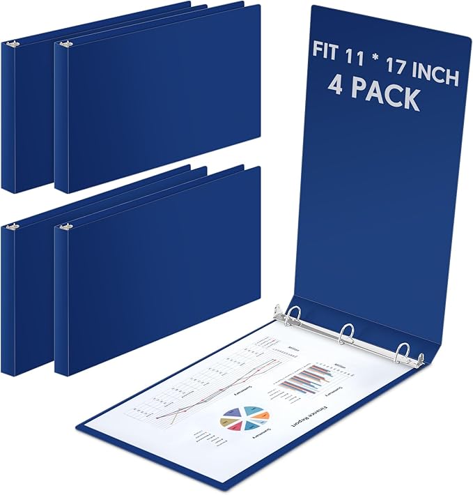 4 Pcs 11 x 17 Inch 3 Ring Binders 1 Inch Rings Heavy Duty View Plastic Flexible D Ring Binders Economy Holds 11" x 17" Paper for Artwork Blueprints, Office, Home, Work Places(Blue)
