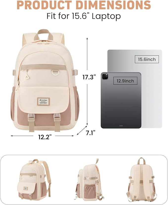 School Backpack for Teen Girls, 15.6 Inch Laptop Backpack Women Kids Bookbag for Middle High School Cute College Bag for Students, Khaki Beige