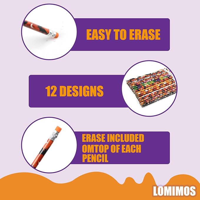 LOMIMOS 120pcs Halloween Pencil Bulk,Colorful Wooden with Eraser 12 Patterns Stationery for Kid Trick or Treat Gift Prize Party Favor School Office Supply Goody Bag Classroom Reward