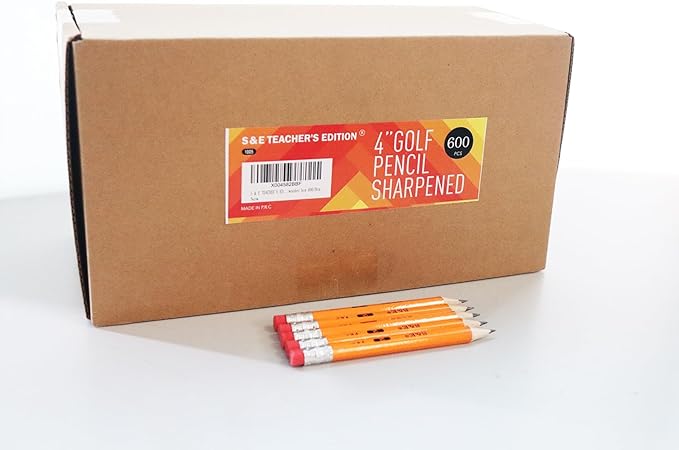 S & E TEACHER'S EDITION 600PCS 4'' Golf Pencils Pre-sharpened, Break-Resistant Lead No. 2 Half Pencils with Eraser Tops, 2 HB pencil, Back to school, 600/Box.