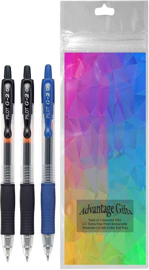 G2 Retractable Premium Gel Ink Roller Ball Pens Extra Fine Point (.5mm) Black/Blue Ink 3 pack; Refillable & Premium Comfort Grip Bundle with Plastic Reusable Pouch
