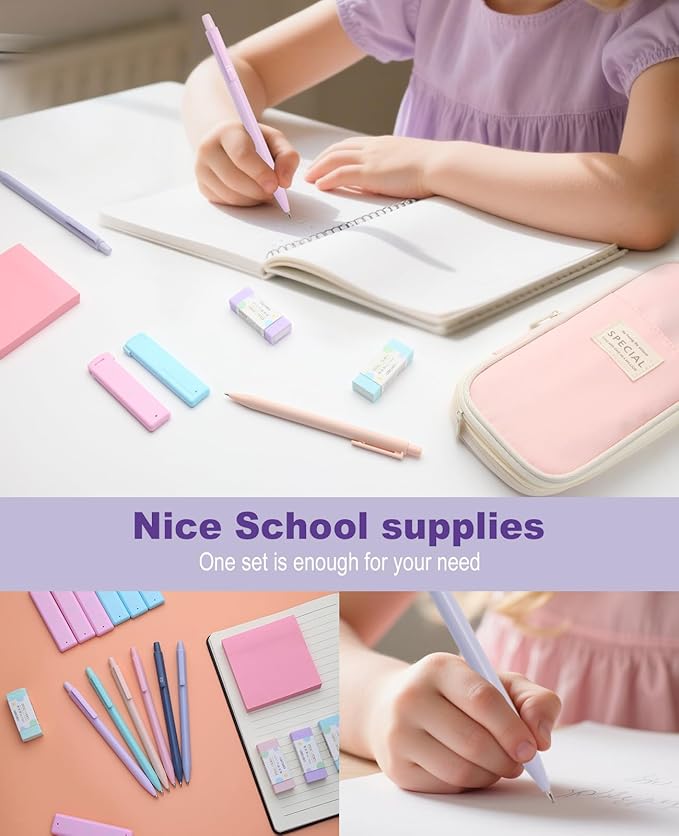 Mechanical Pencil Set with Cute Pencil Case, 12PCS Pastel Mechanical Pencils 0.5 & 0.7mm with 720PCS HB Leads, 4PCS Erasers and 1x Sticky Note, Suitable for School Writing, Drafting Drawing Sketching