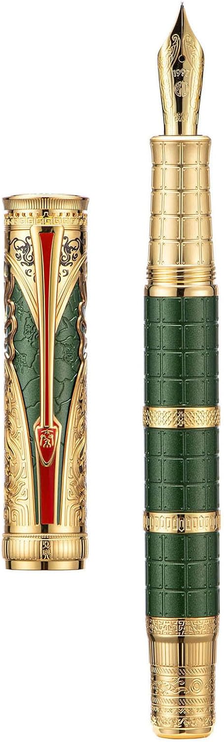 Hongdian D5X Fountain Pen - Green Qin Dynasty Writing Pen with Fine Nib and Converter Set