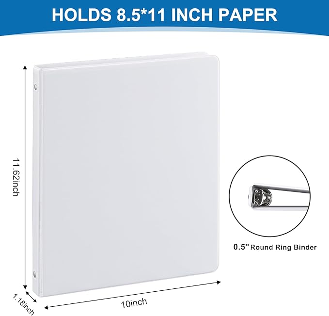 1/2 Inch 3-Ring Binder, 0.5-inch Round Ring Binder with 2 Inside Pockets, 12 Pack White Binders, Clear View CoverBinder Holds 8.5'' x 11''Paper for Office/Home/Back to School