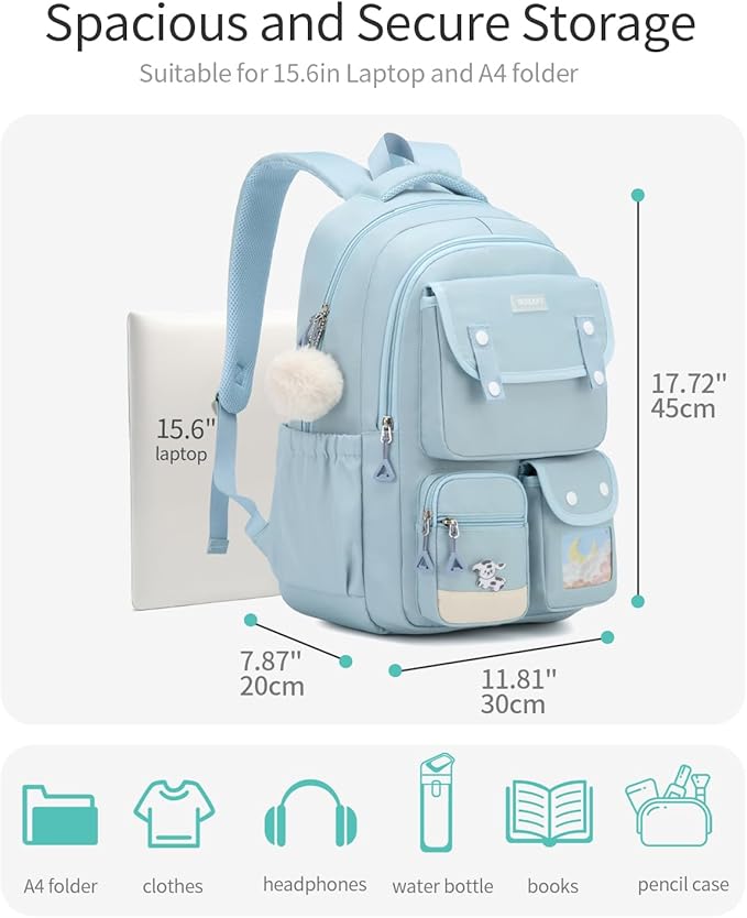 Middle School Backpacks for Girls, Teens Backpack for High School Kids Schoolbag with Accessories for Elementary, Cute Ita Bookbag, Blue