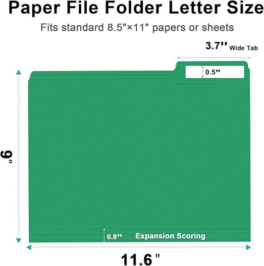 File Folder, RAZCC 100 Pack 1/3 Cut Tab File Folders Letter Size, Creen, Colored Folders with Tab Great for Organizing and Easy File Storage