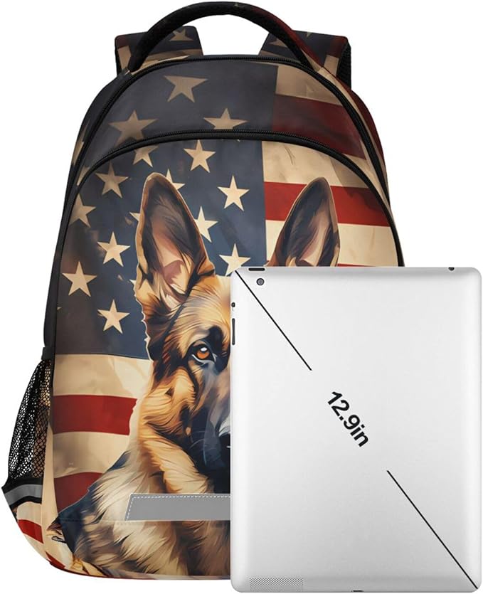 Dog German Shepherd Backpack for Boys Girls American Flag Elementary School Bag Kids Bookbag Travel Rucksack
