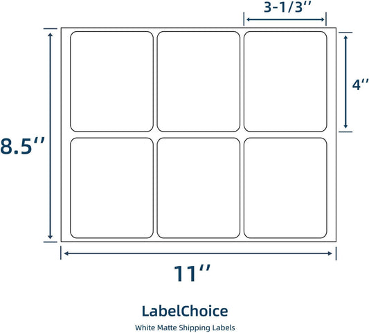 100 Sheets 600 Pcs 3-1/3 x 4 6 Up Shipping Address Labels for Laser & Inkjet Printers, 3-1/3" x 4" 6 per Sheet Shipping Mailing Stickers, 6 Labels per Page