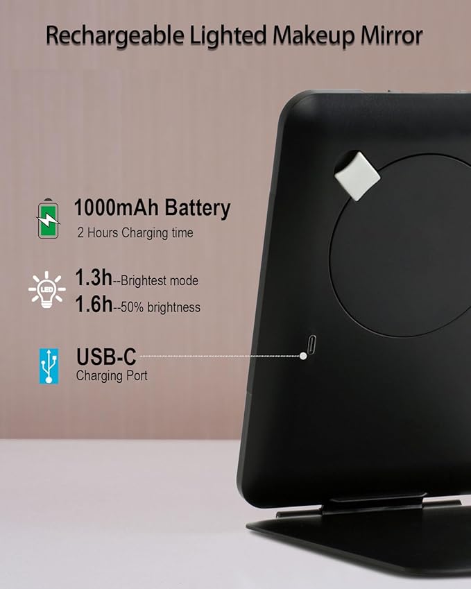 Rechargeable Travel Makeup Mirror with Lights, Portable Lighted Vanity 10X Magnification, 70 LEDs 3 Color Dimmable Touch Screen, Tabletop Folding Compact Cosmetic (Black)