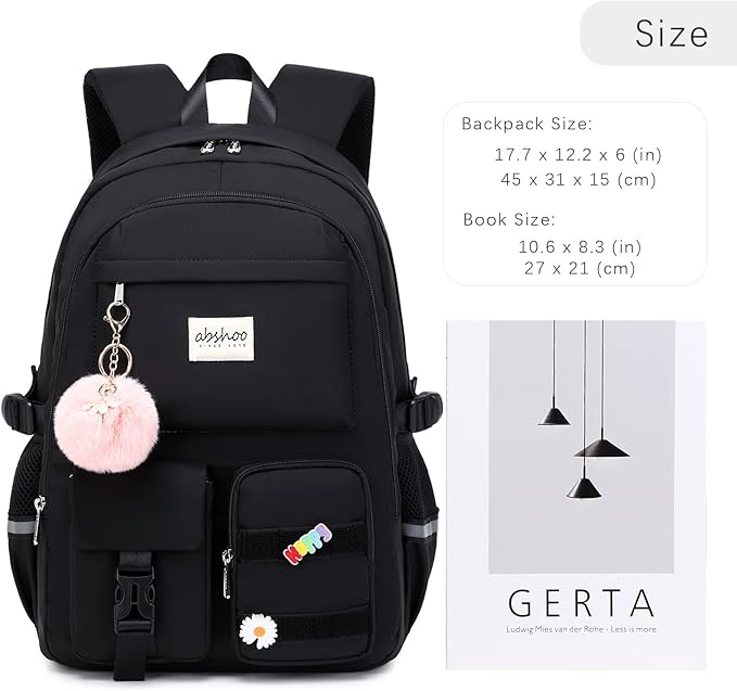 abshoo Big Student Laptop Backpack For College Women Middle High School Teen Girls Bookbag Travel Daypack (Black)