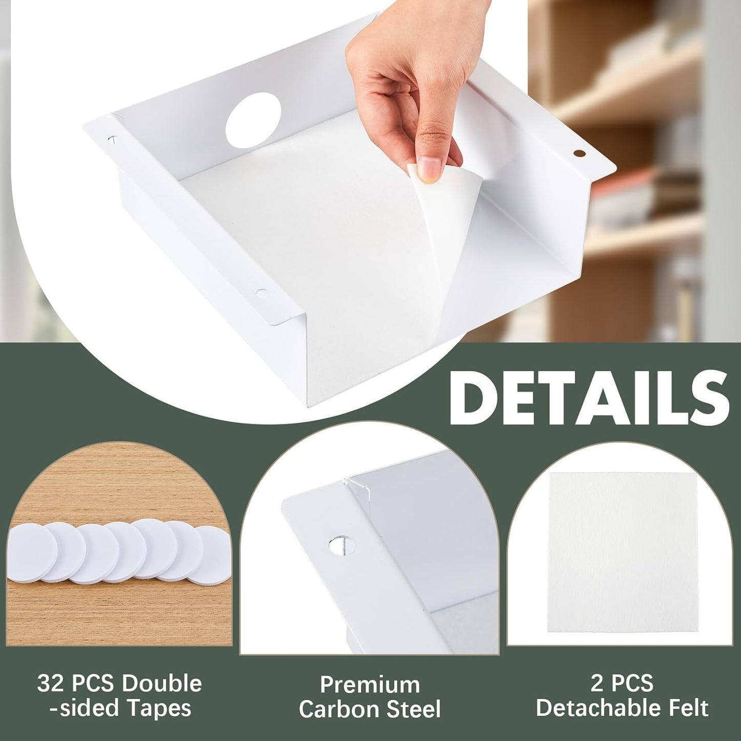 2 Pack Under Desk Storage Shelf, Carbon Steel Tray with Mute Felt Sheets, Mount Shelves Organizer for Office Home Workstation Gaming Desk Stand up (7.5x8x2.8 In/Storage Shelf,White)