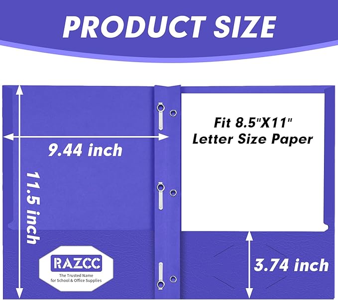 Two Pocket Folders, RAZCC 50 Pack Two Pocket with Prongs, 3 Prong Pocket Folders Letter Size, Paper Folders with Prongs for School Office Home Business, Assorted 5 Colors