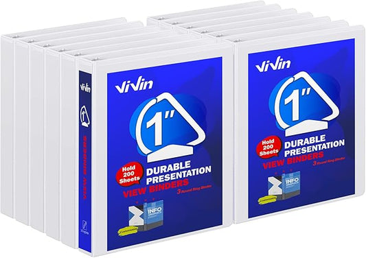 3 Ring Binder 1 Inch, ViVin Sturdy 1"-Slant D Ring Binder with 2 Interior Pockets, Clear View Cover, PVC-Free, Fits 225 Sheets of US Letter Size Paper (12 Pack, White)